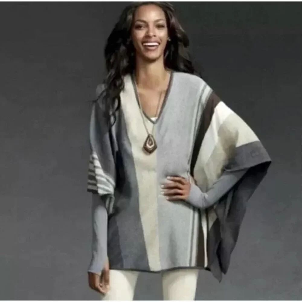 CAbi Tan & Gray Stripe Poncho Pullover Sweater sz S EUC